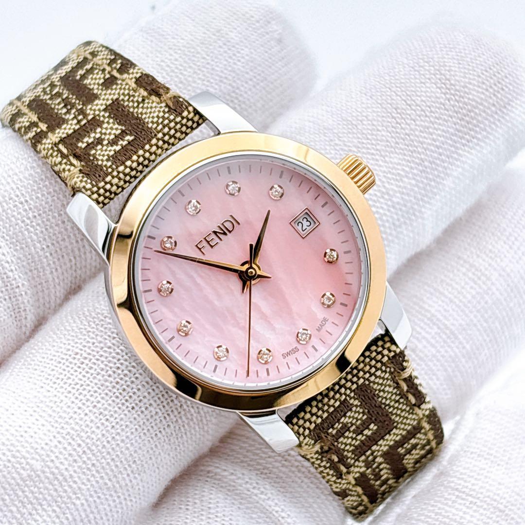【未使用品・電池新品・完備】FENDI 2100L 11Pダイヤ ピンクシェル
