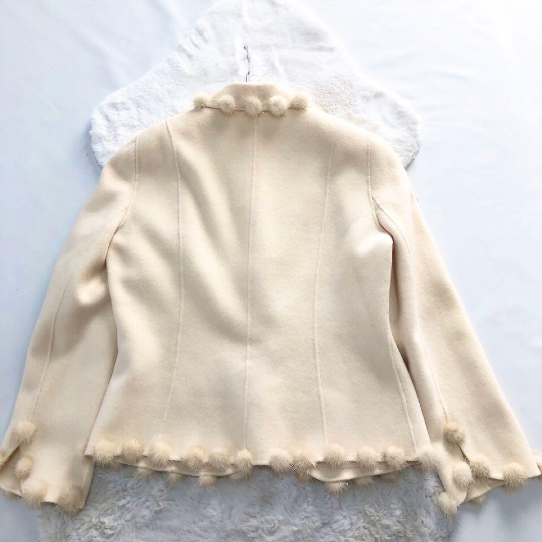 伊太利屋*イタリヤ　カシミヤ混コート ジャケット　ポンポン　ショート　ホワイト