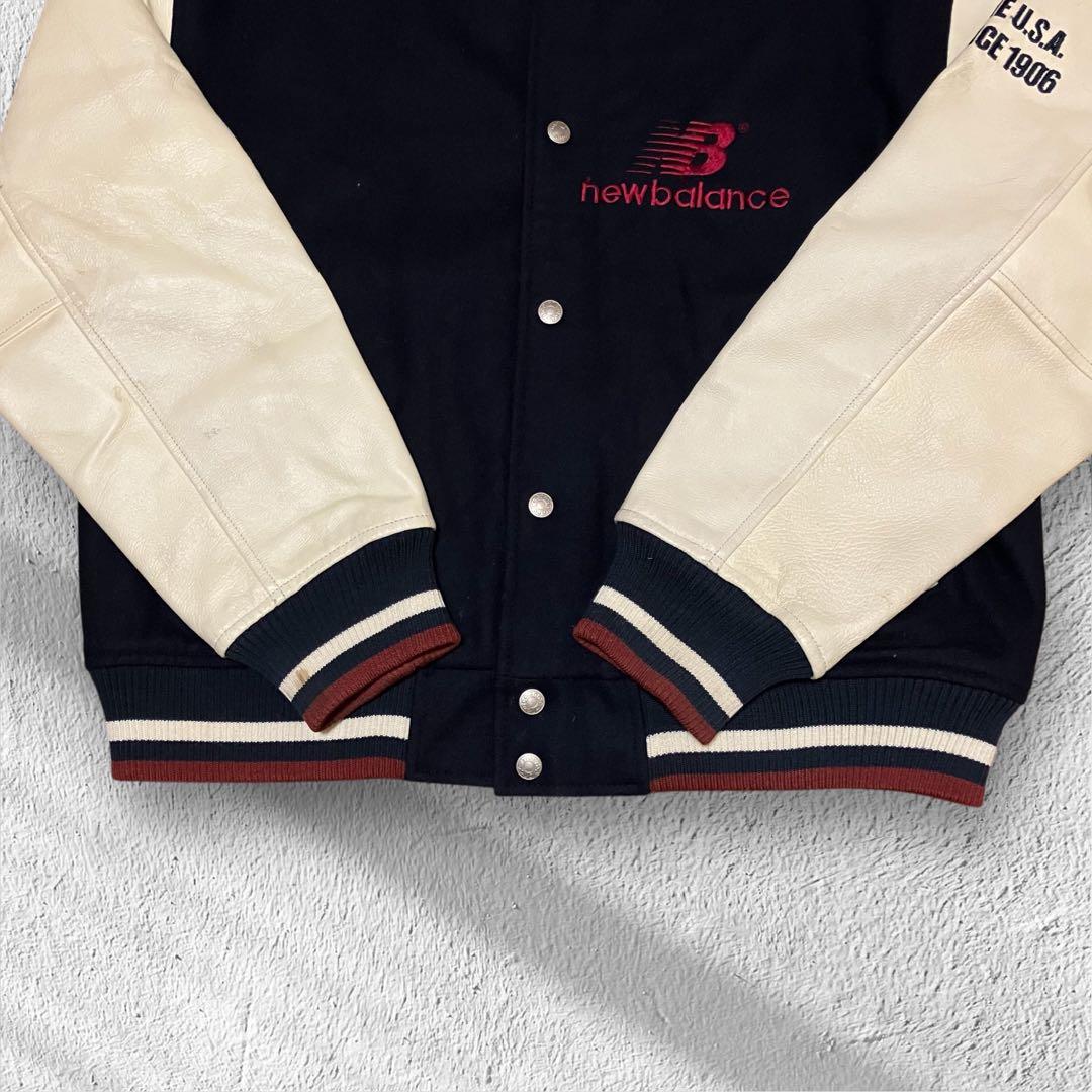 希少 ニューバランス 袖レザー スタジャン L ウール 豚革 刺繍ロゴ ネイビー