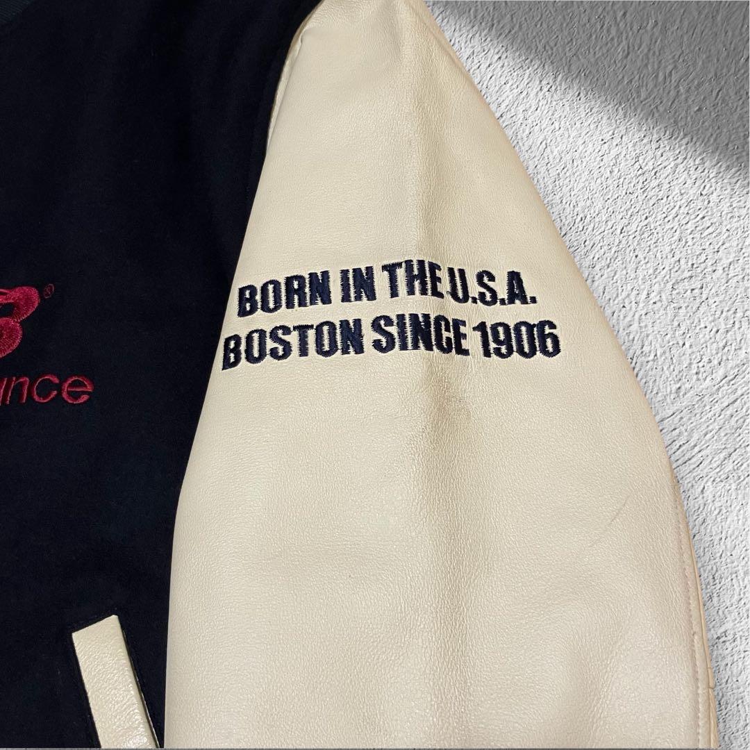 希少 ニューバランス 袖レザー スタジャン L ウール 豚革 刺繍ロゴ ネイビー