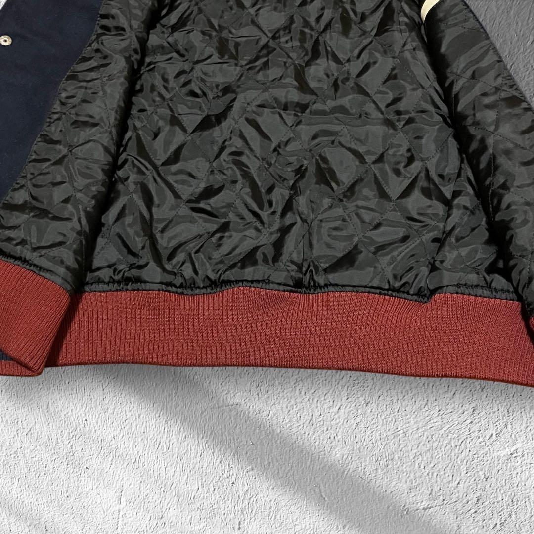 希少 ニューバランス 袖レザー スタジャン L ウール 豚革 刺繍ロゴ ネイビー