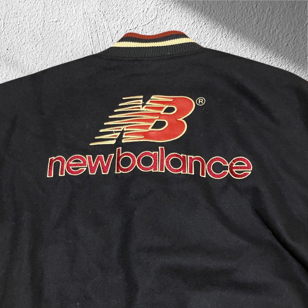 希少 ニューバランス 袖レザー スタジャン L ウール 豚革 刺繍ロゴ ネイビー