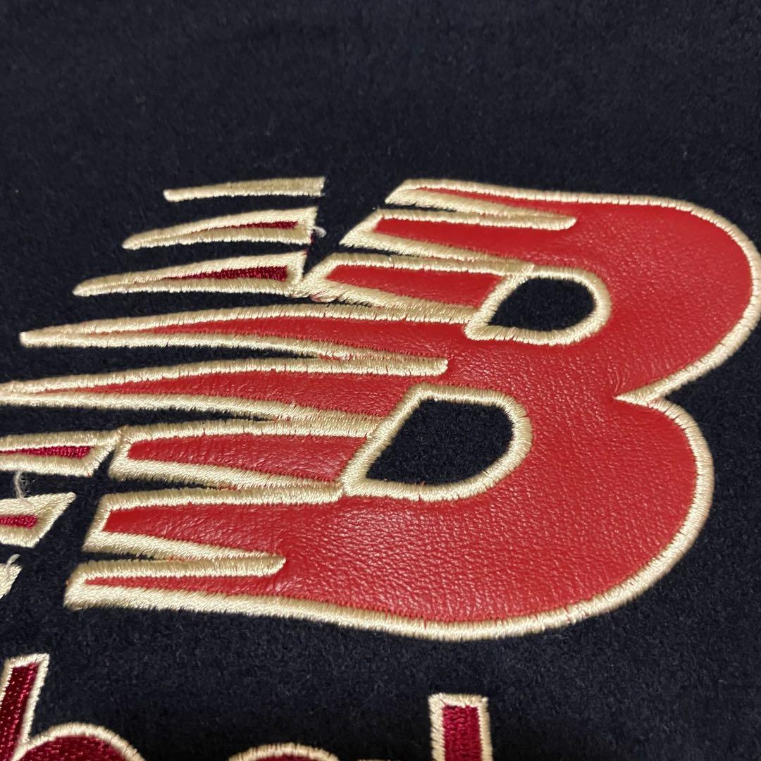 希少 ニューバランス 袖レザー スタジャン L ウール 豚革 刺繍ロゴ ネイビー