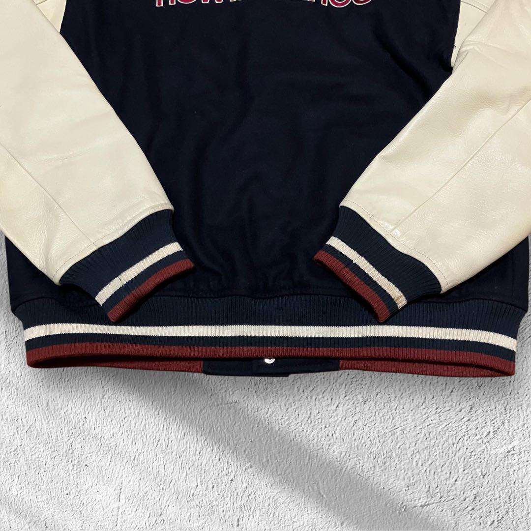 希少 ニューバランス 袖レザー スタジャン L ウール 豚革 刺繍ロゴ ネイビー