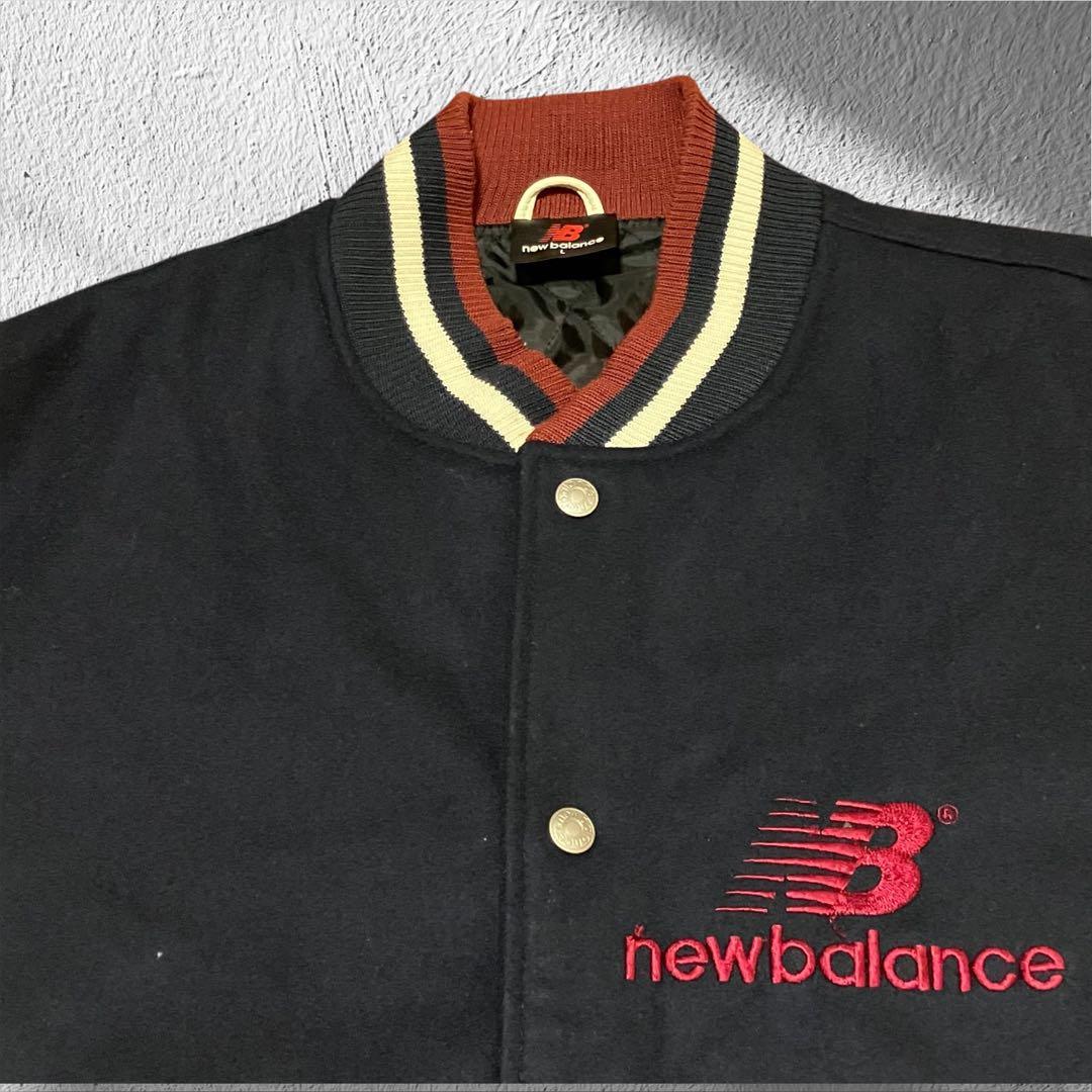 希少 ニューバランス 袖レザー スタジャン L ウール 豚革 刺繍ロゴ ネイビー