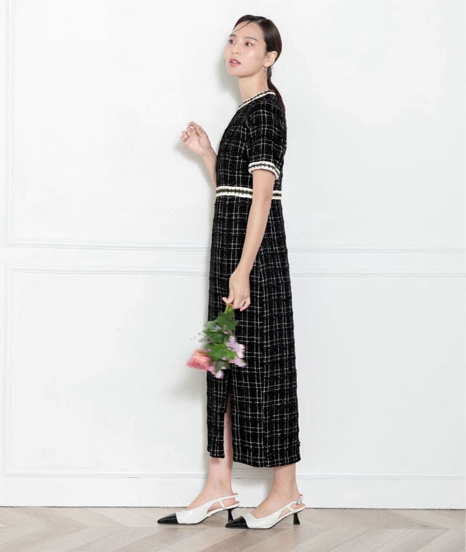 の*の様 新品✨LEJA スリット入りツイード柄ハイウエスト　パーティードレス