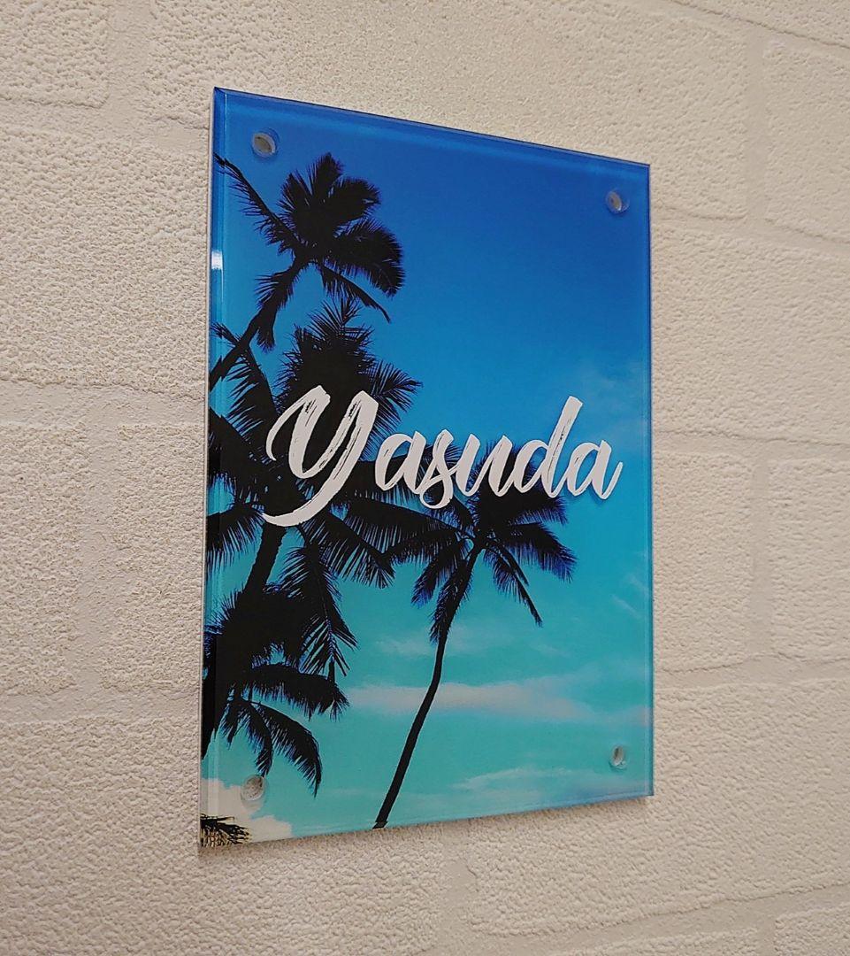 なおみん＊青空とヤシの木のアクリル表札＊透明4辺45度斜めカット＊ＵＶ印刷