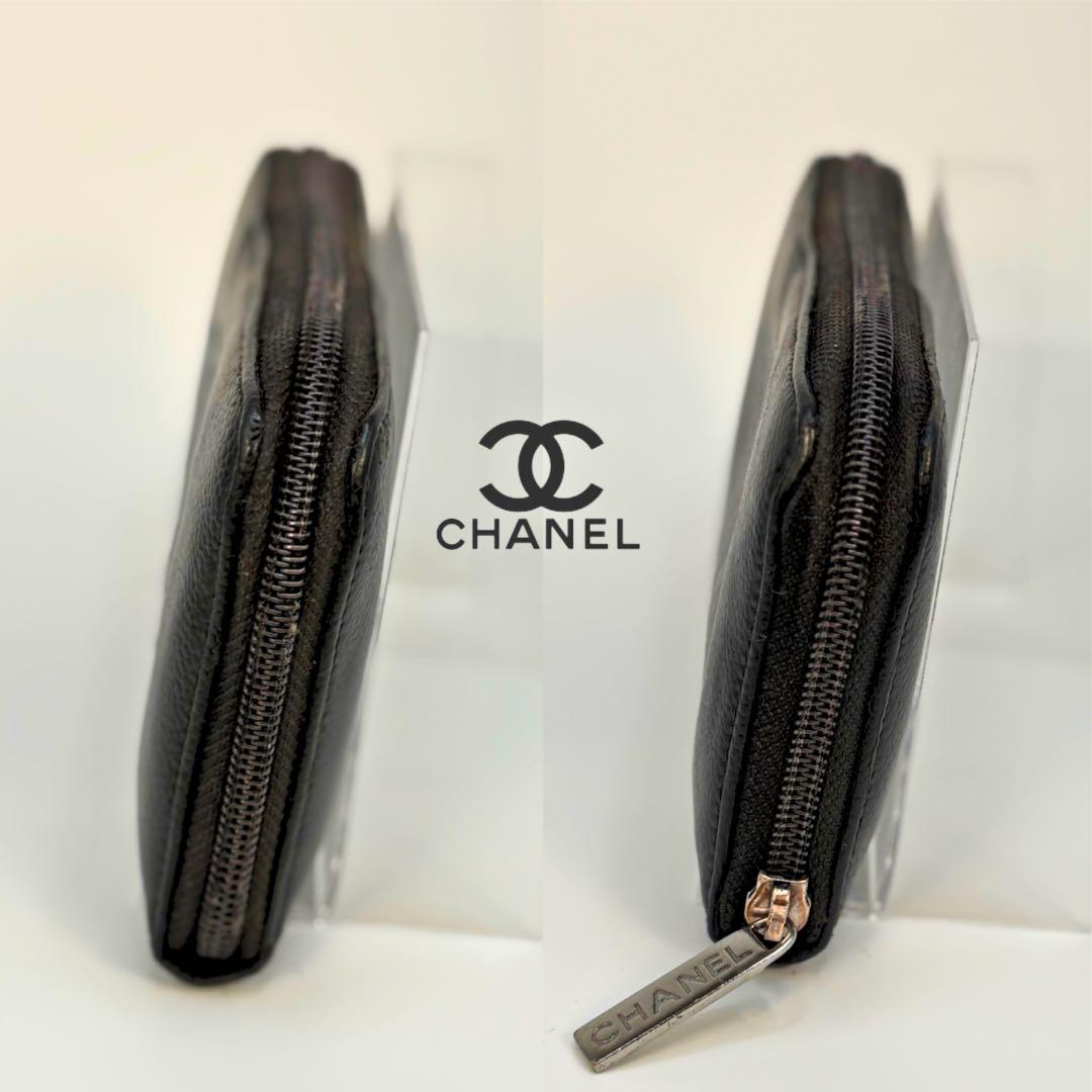 A115 CHANEL【美品】キャビアスキン ラウンドファスナー 長財布