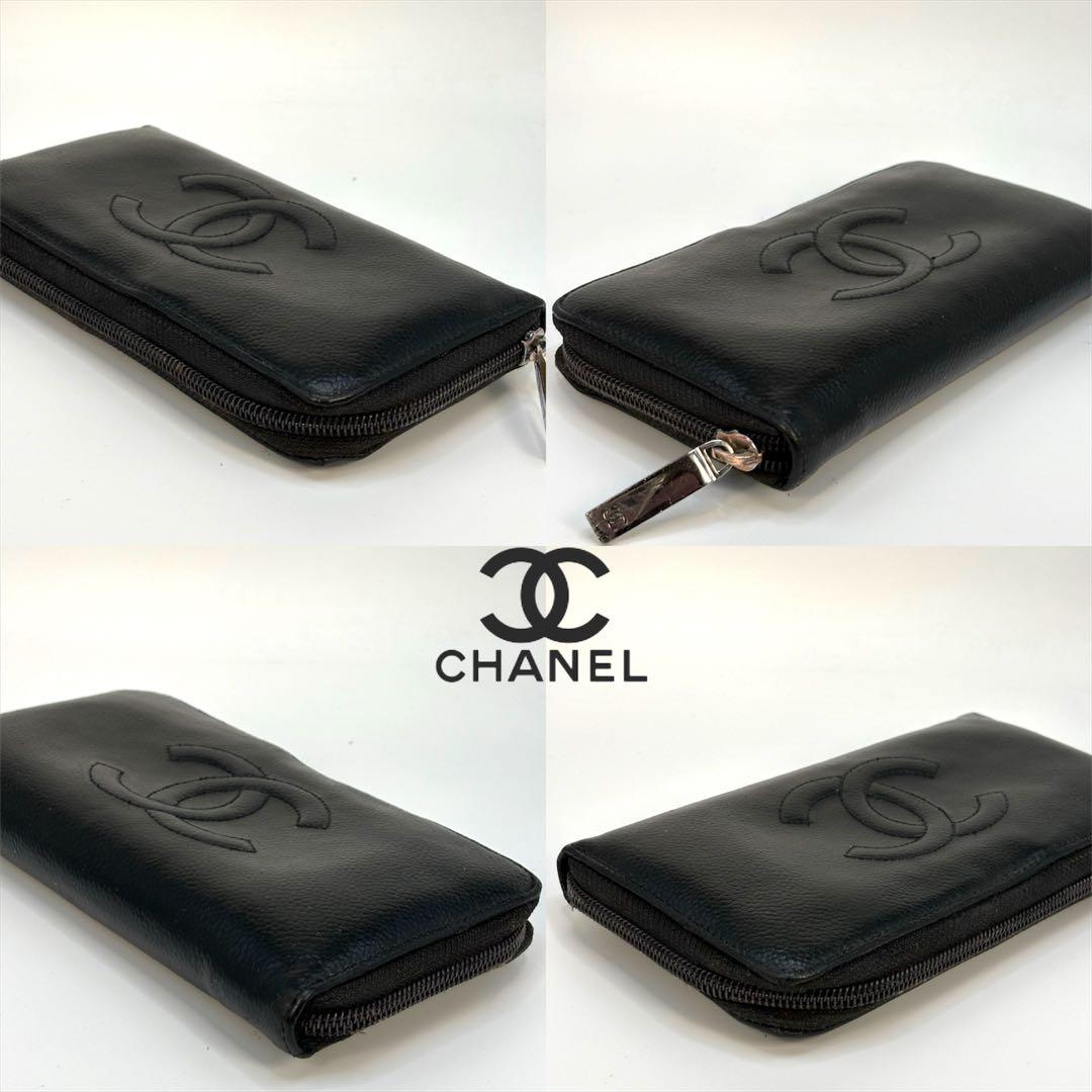 A115 CHANEL【美品】キャビアスキン ラウンドファスナー 長財布