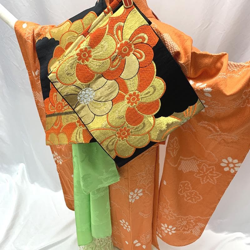 408ag75,楽々衿□七五三 七歳 女児 着物&袋帯 部分絞り 花文□状態良好