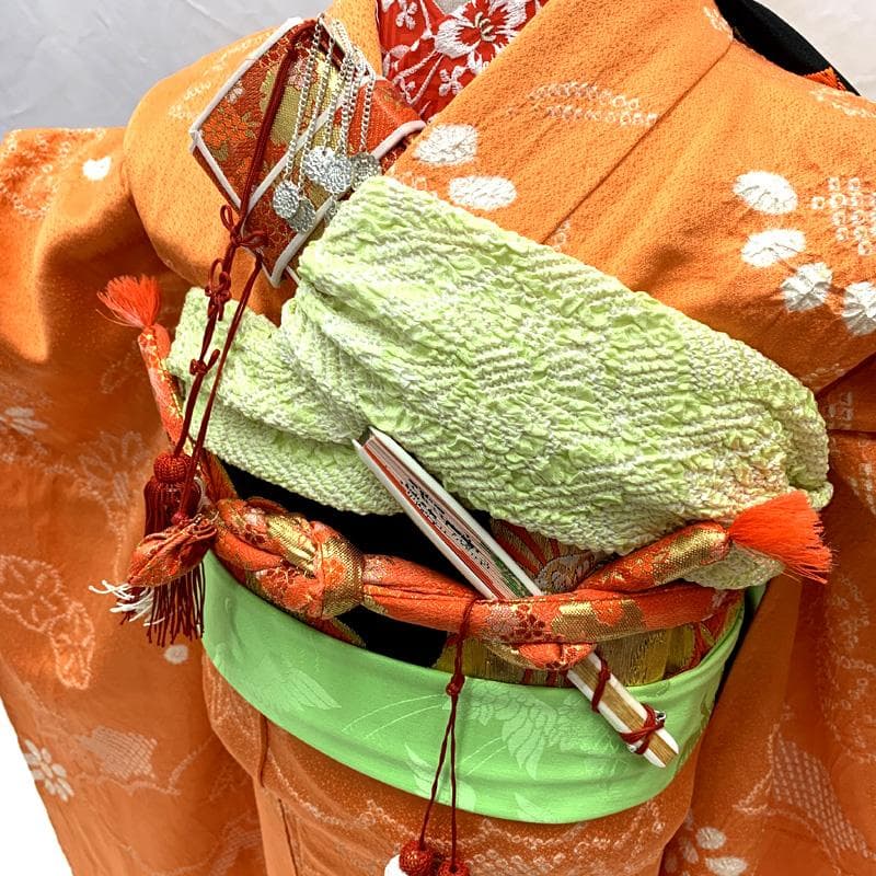 408ag75,楽々衿□七五三 七歳 女児 着物&袋帯 部分絞り 花文□状態良好