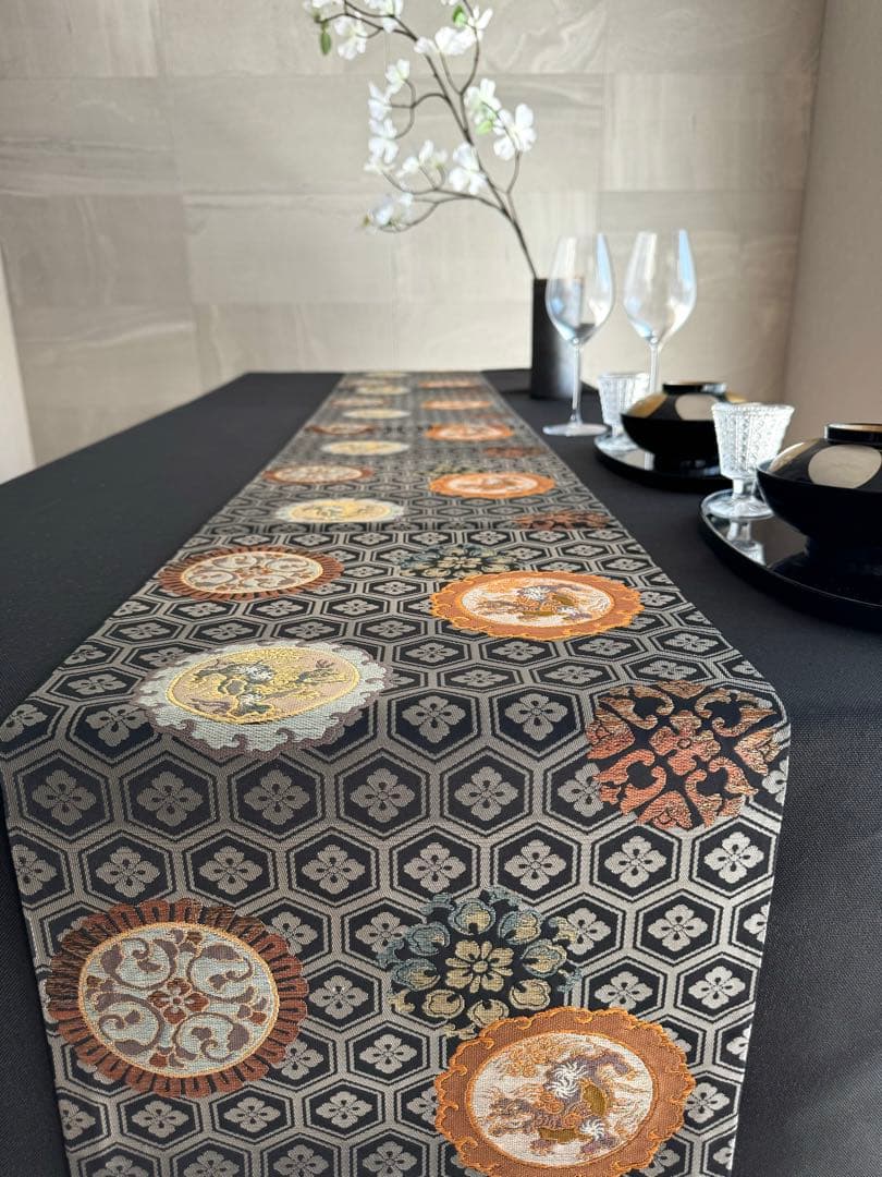 専用◼︎C1128高級袋帯 正絹 絵皿文 亀甲花菱文 テーブルランナー〜280cm