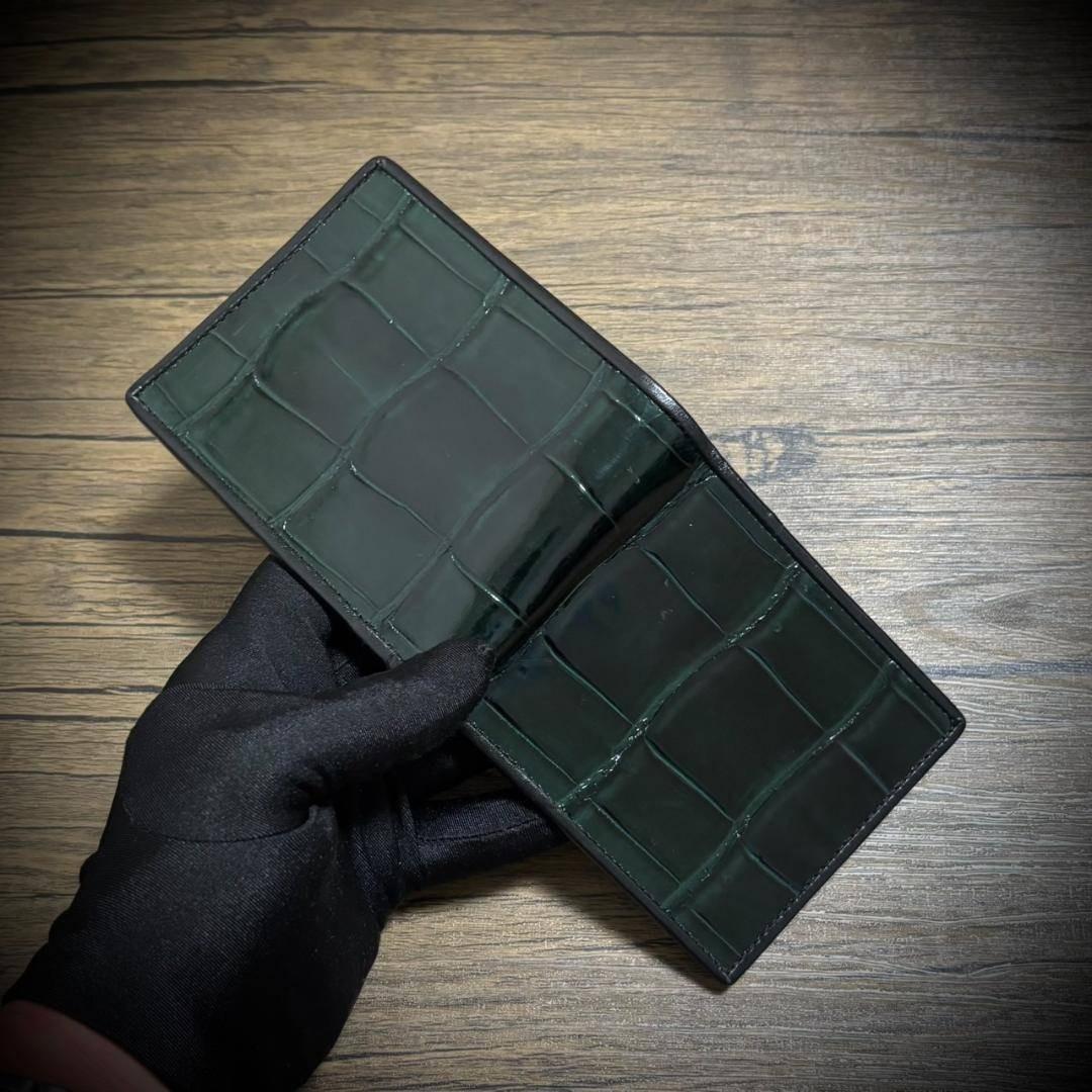 シャイニング クロコダイル メンズ財布 二つ折り 財布 グリーン 緑 証明付 1