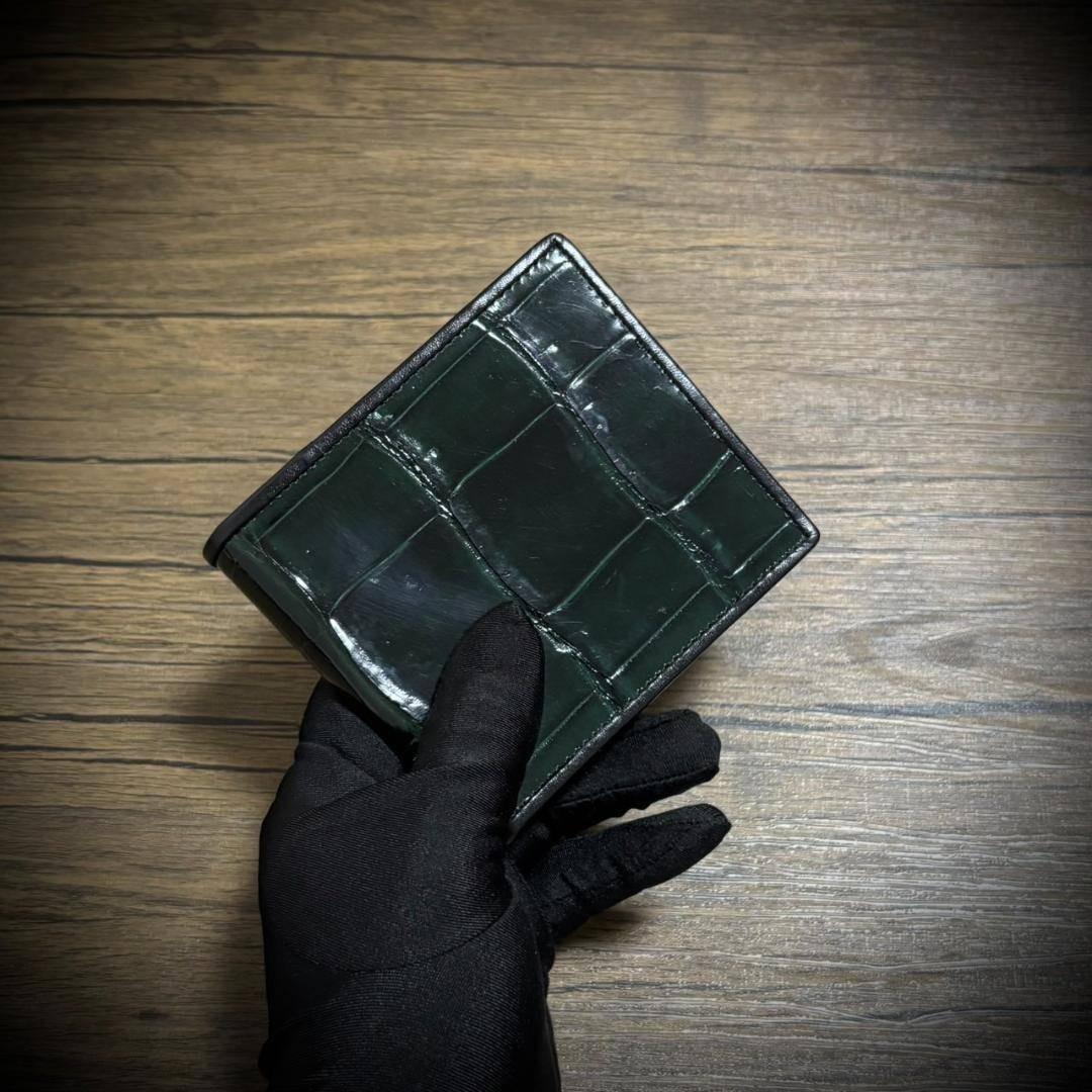 シャイニング クロコダイル メンズ財布 二つ折り 財布 グリーン 緑 証明付 1