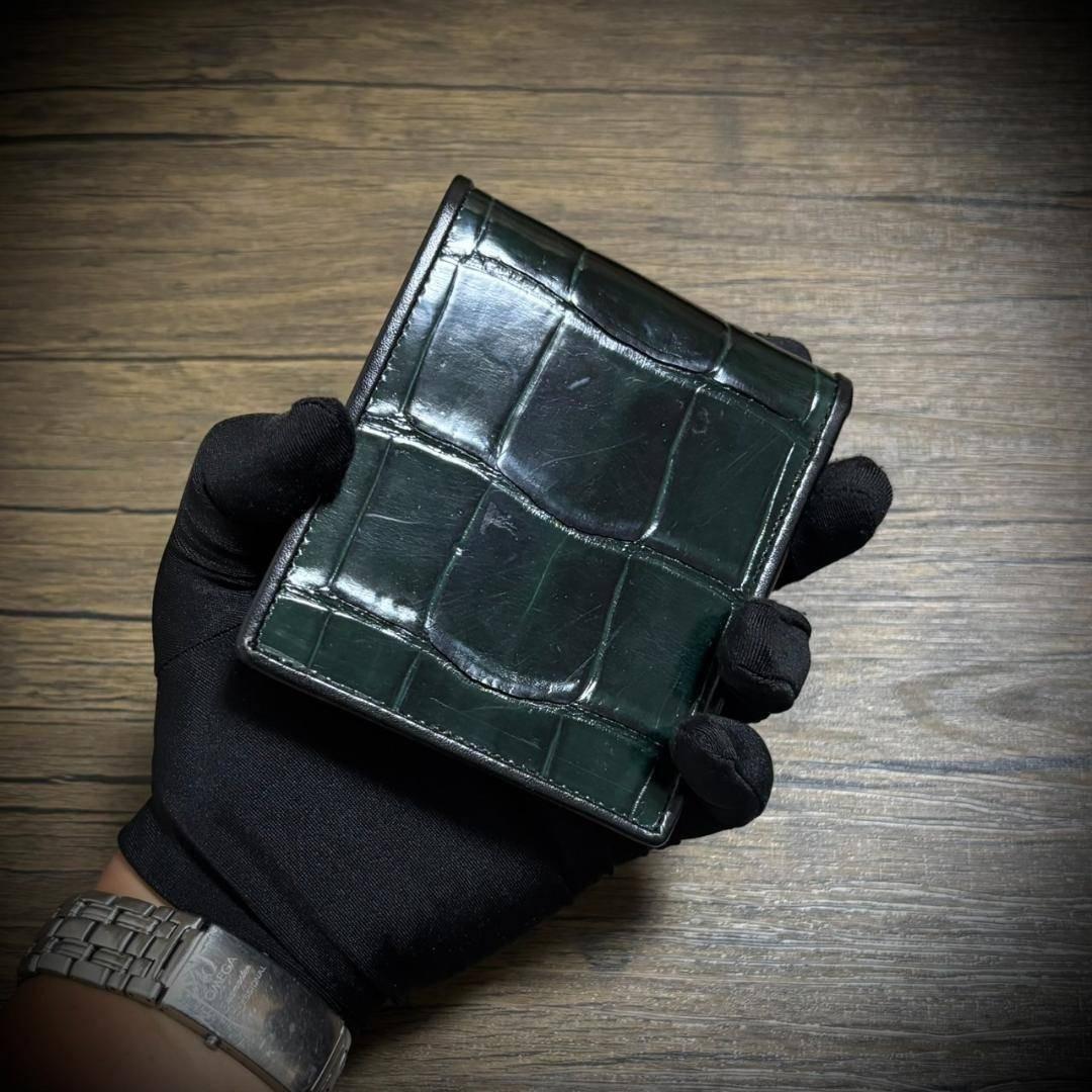 シャイニング クロコダイル メンズ財布 二つ折り 財布 グリーン 緑 証明付 1