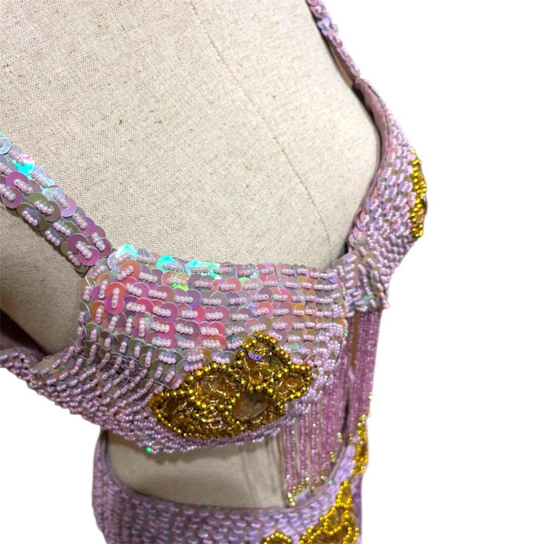 トルコ製　ベリーダンス 衣装 3点　ラベンダー スパンコール ハンドメイド　豪華