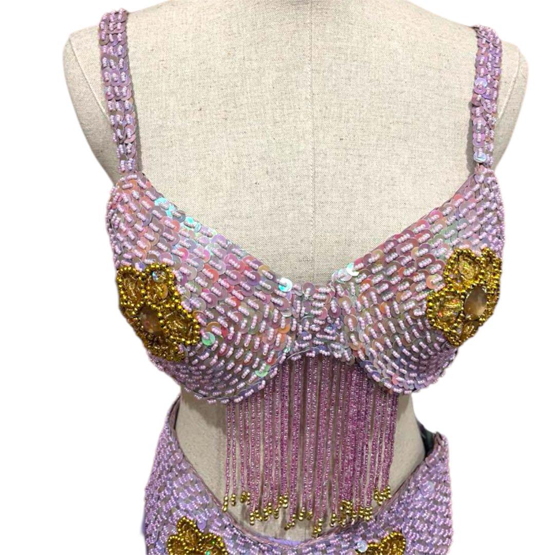 トルコ製　ベリーダンス 衣装 3点　ラベンダー スパンコール ハンドメイド　豪華