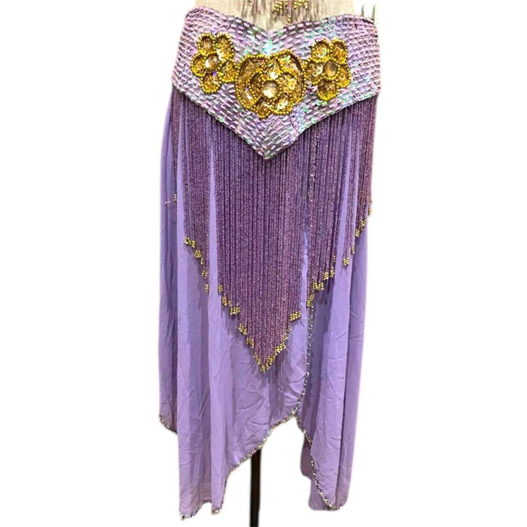トルコ製　ベリーダンス 衣装 3点　ラベンダー スパンコール ハンドメイド　豪華