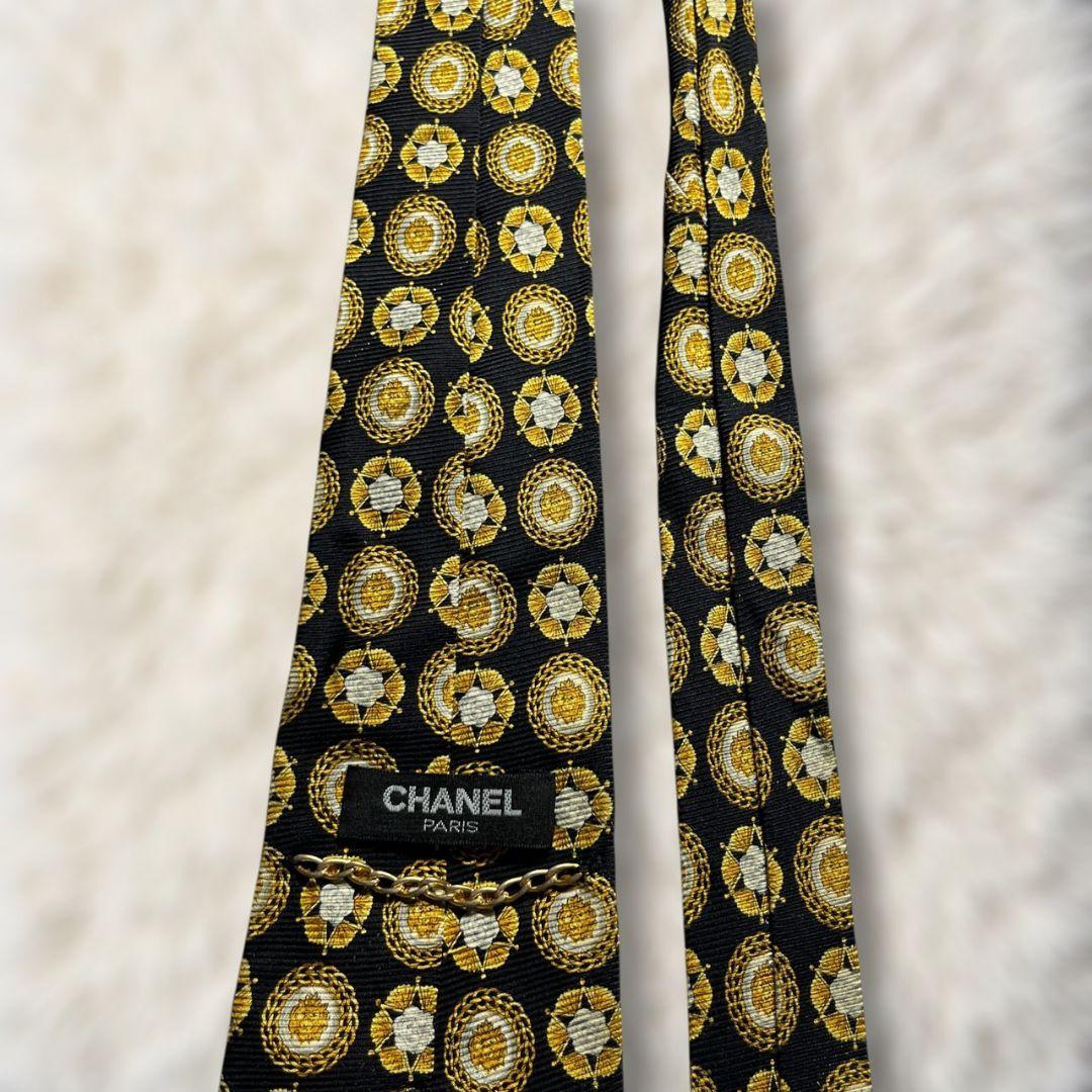 【美品✨】シャネル 総柄 花柄 水玉風 金チェーン 黒黄白 ジャガード ネクタイ