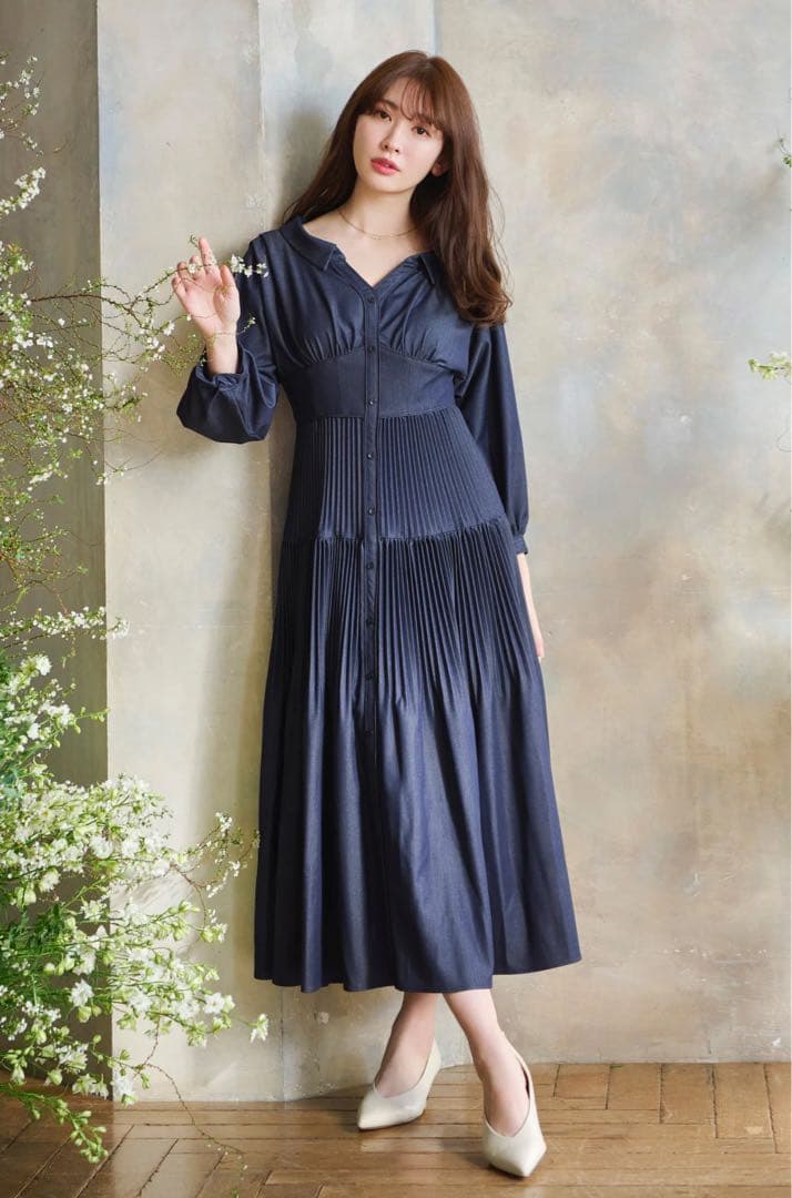 美品　Pleated Open Shirt Dress indigo M