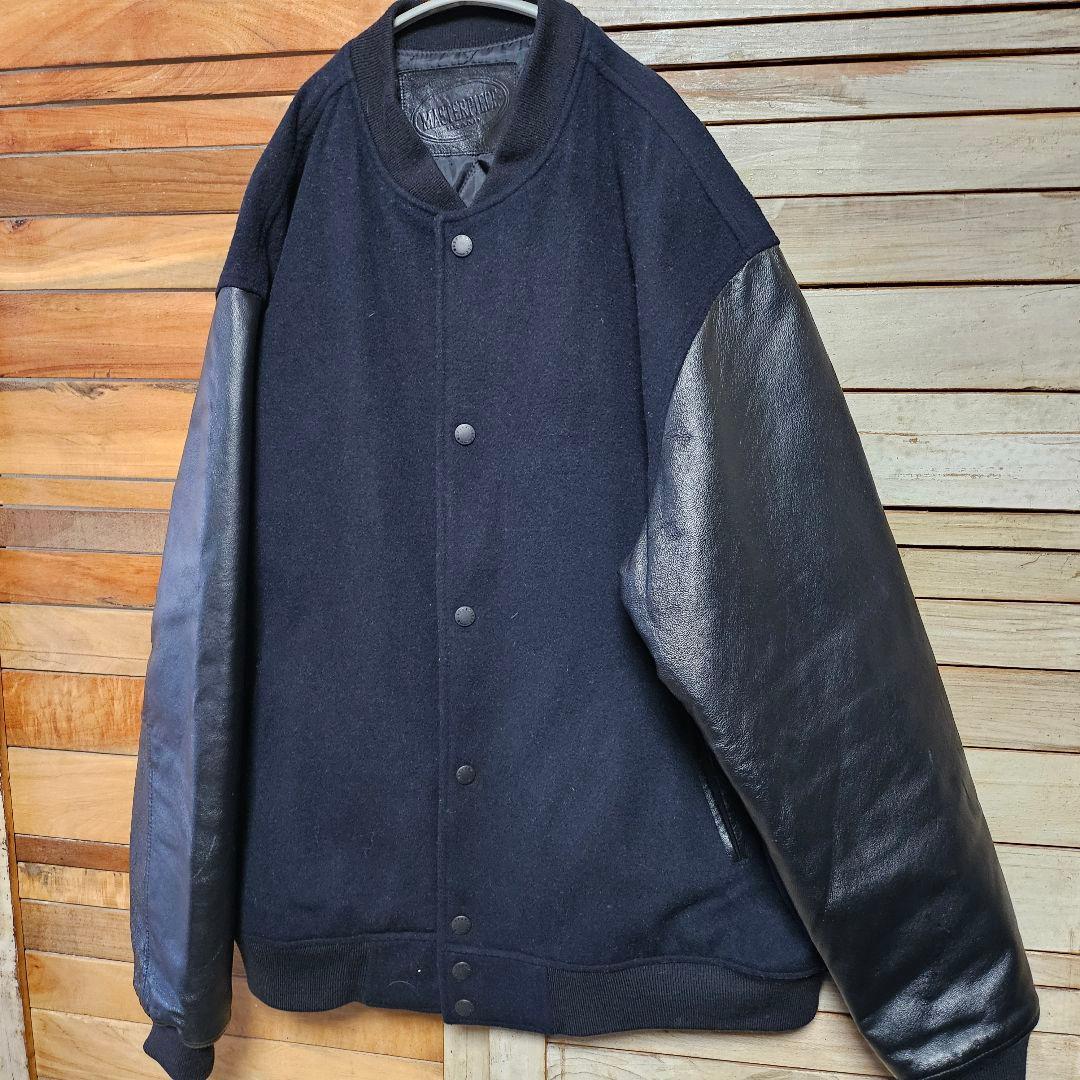 マスターピース 袖レザー スタジャン XL ウール オールブラック ジャケット