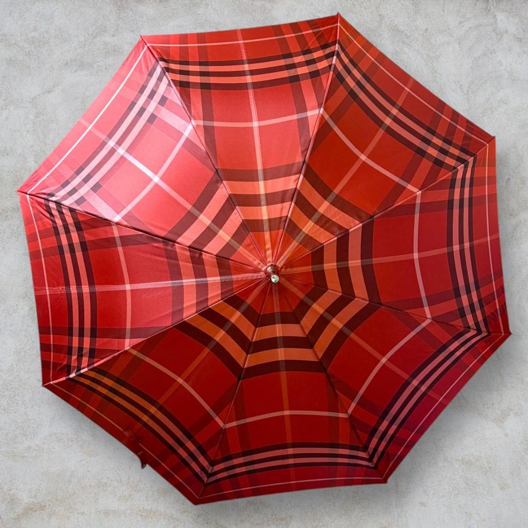 美品 BURBERRY メガチェック 晴雨兼用長傘 一本傘 ノバチェック RED