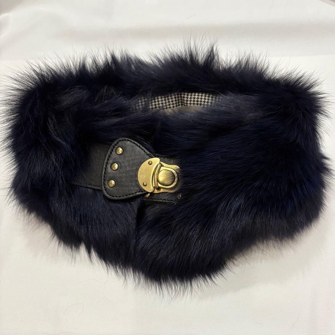 フォックス ファー マフラー ティペット 金具付き タグ付 新品 未使用 紺