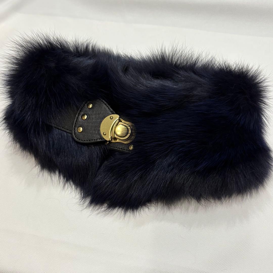 フォックス ファー マフラー ティペット 金具付き タグ付 新品 未使用 紺