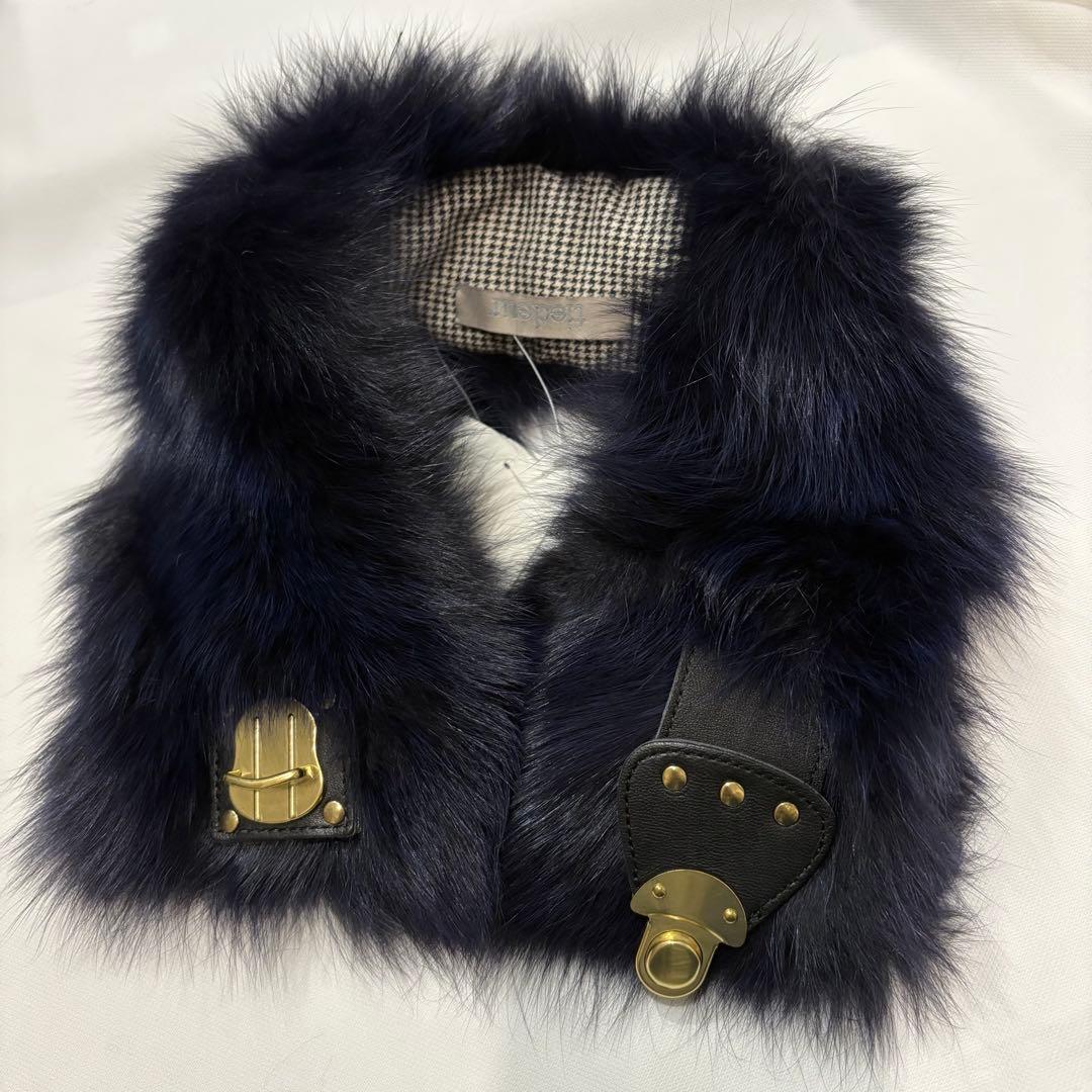 フォックス ファー マフラー ティペット 金具付き タグ付 新品 未使用 紺