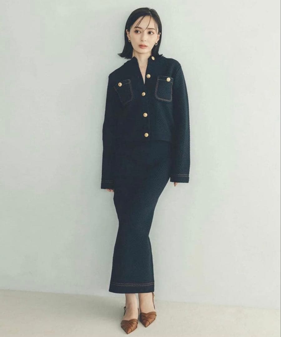 anuans ノーカラーニットジャケット NVY