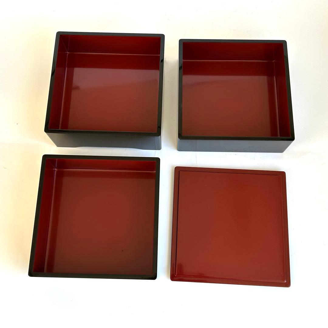 【美品】木製 漆器 三段重 黒塗 重箱 お重 黒 内朱 会津塗り