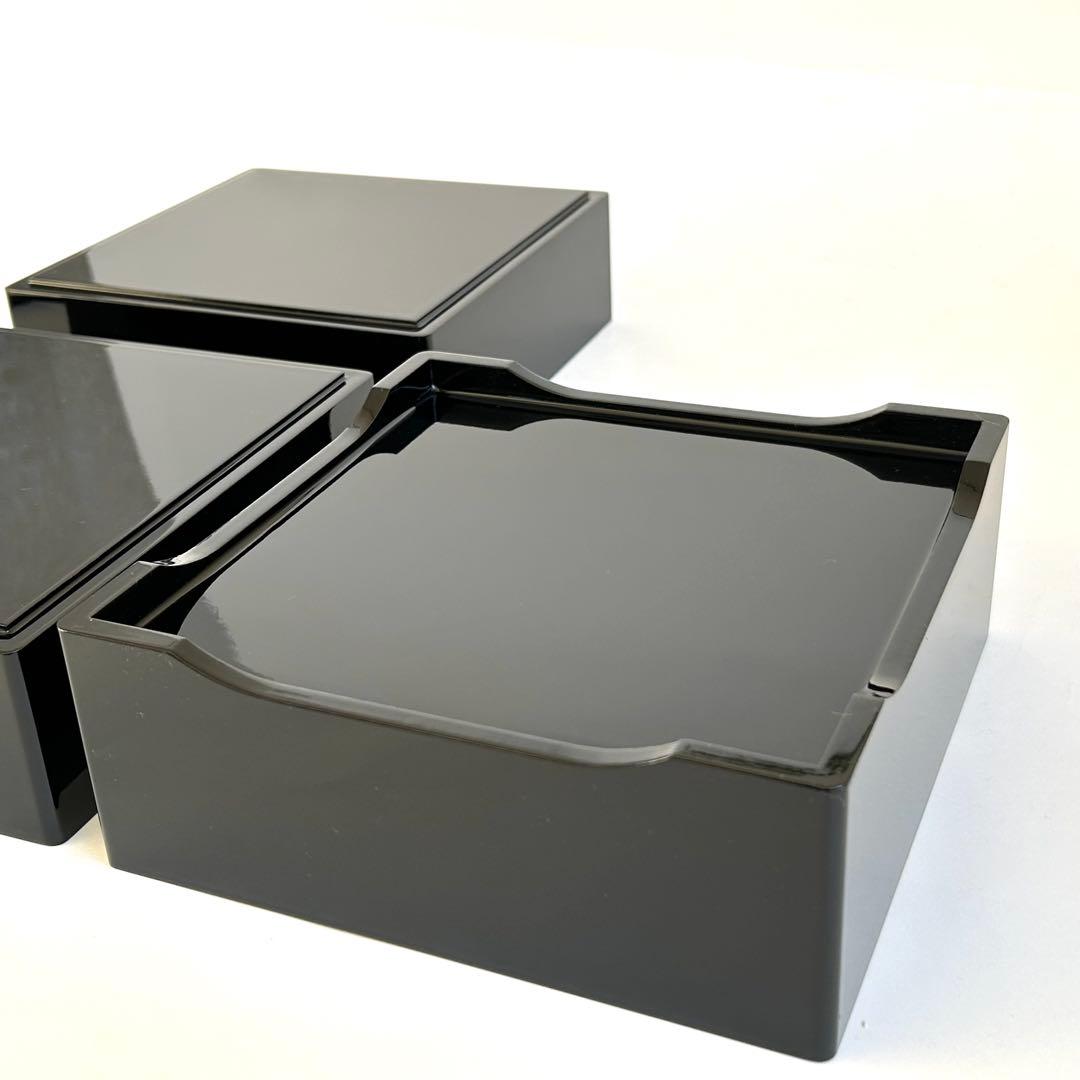 【美品】木製 漆器 三段重 黒塗 重箱 お重 黒 内朱 会津塗り