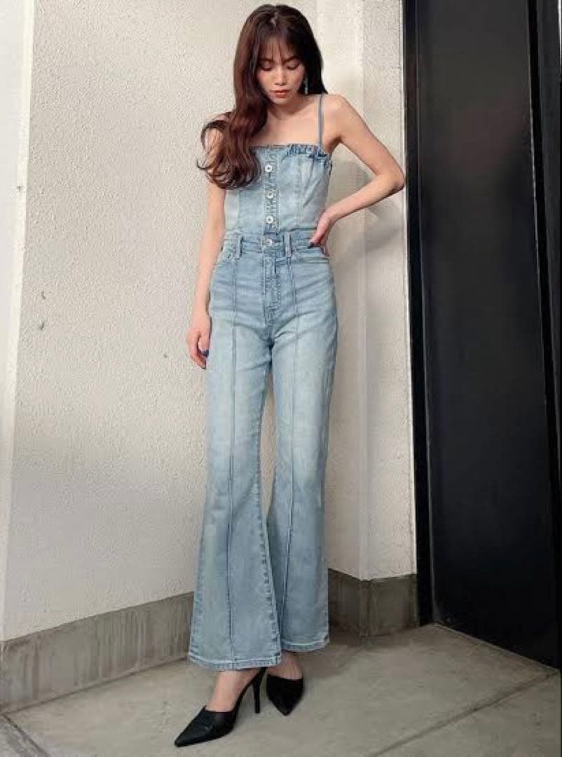 GYDA 大人気！ケミカルバックリボンデニムロンパース Mサイズ ICE