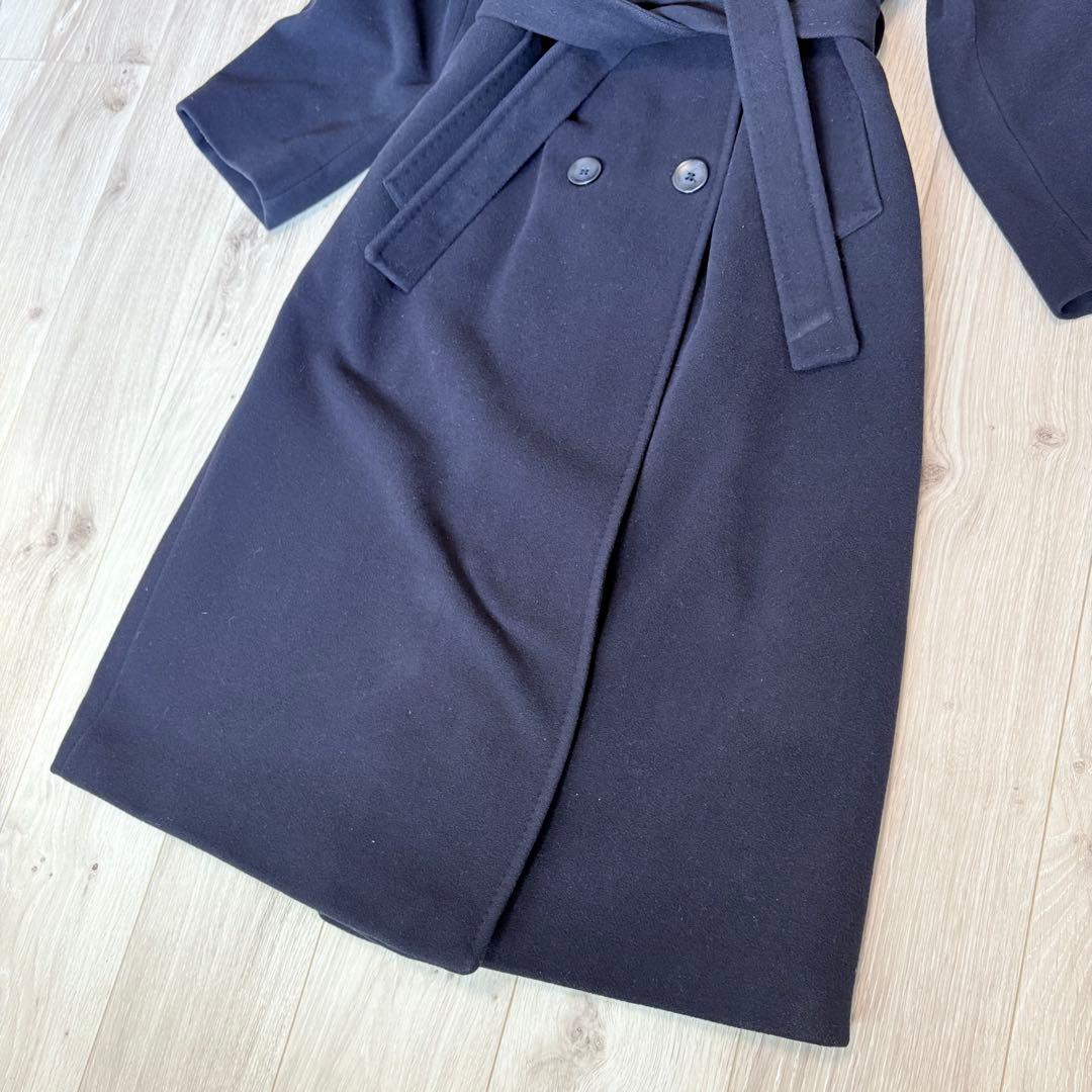 【美品】カシミヤ混　ダブルブレスト　ロングコート　 女優襟　ベルト　ネイビー　L