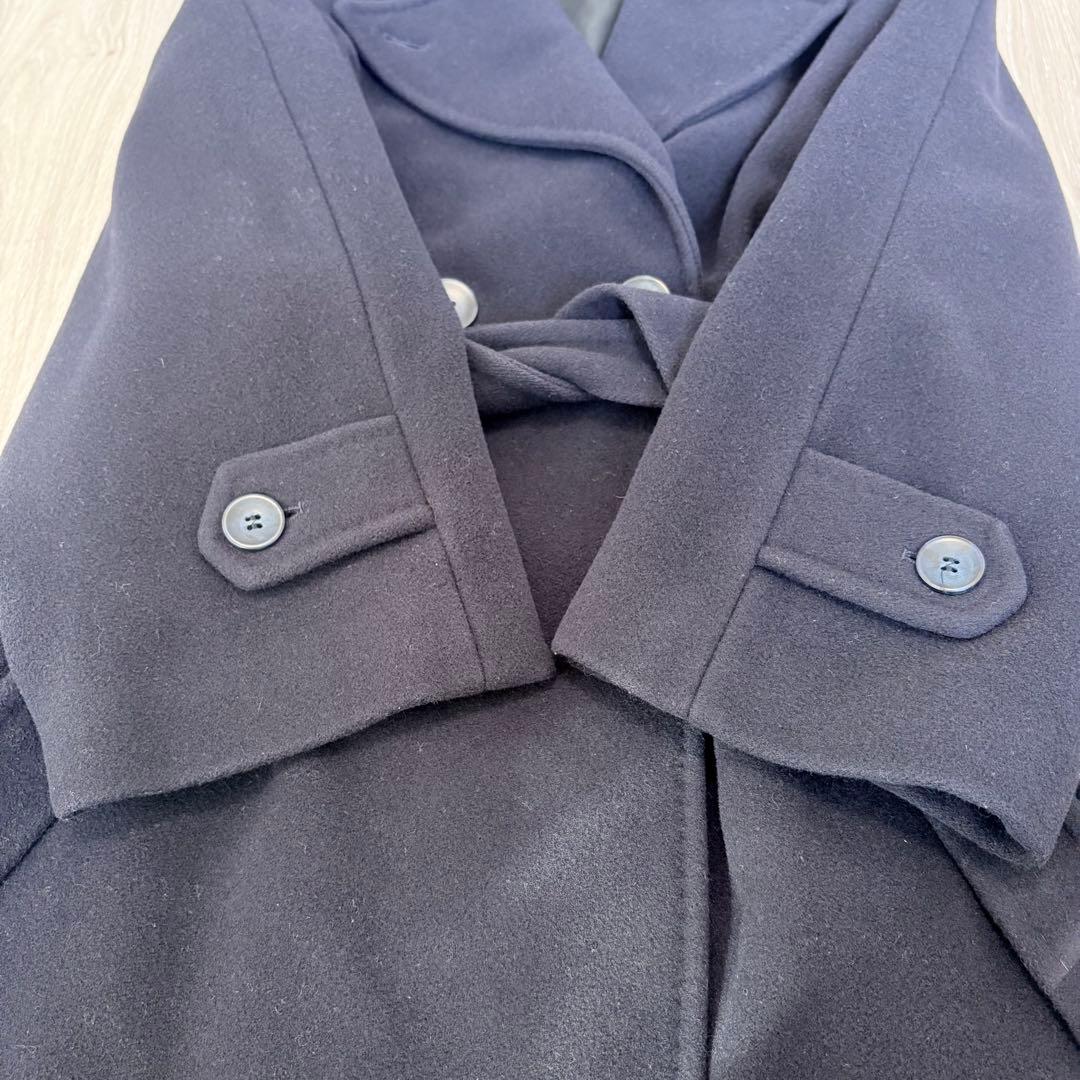 【美品】カシミヤ混　ダブルブレスト　ロングコート　 女優襟　ベルト　ネイビー　L