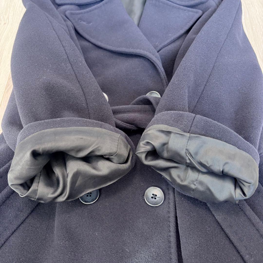 【美品】カシミヤ混　ダブルブレスト　ロングコート　 女優襟　ベルト　ネイビー　L