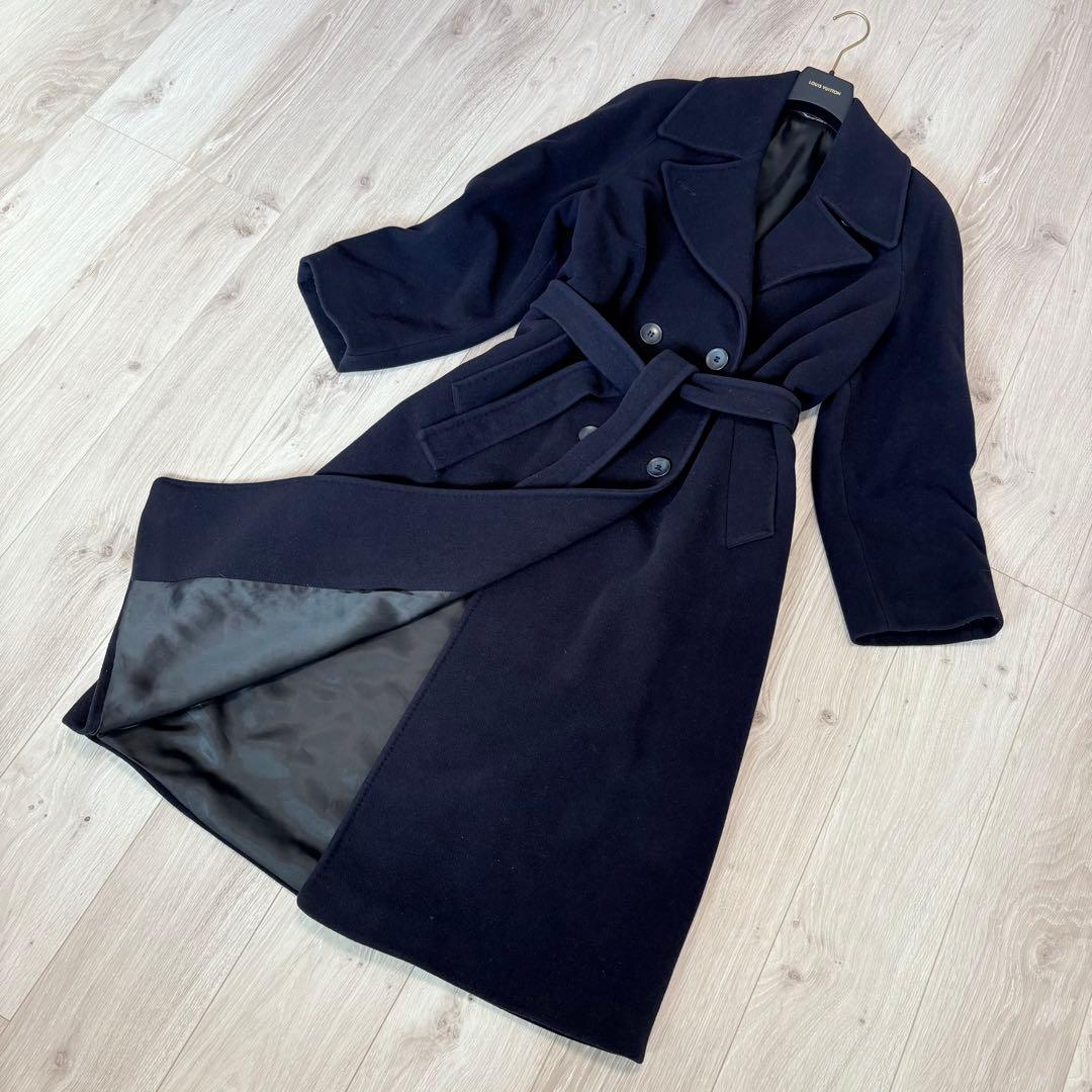 【美品】カシミヤ混　ダブルブレスト　ロングコート　 女優襟　ベルト　ネイビー　L