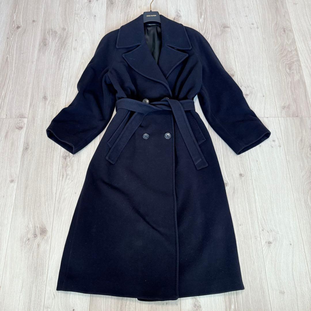 【美品】カシミヤ混　ダブルブレスト　ロングコート　 女優襟　ベルト　ネイビー　L