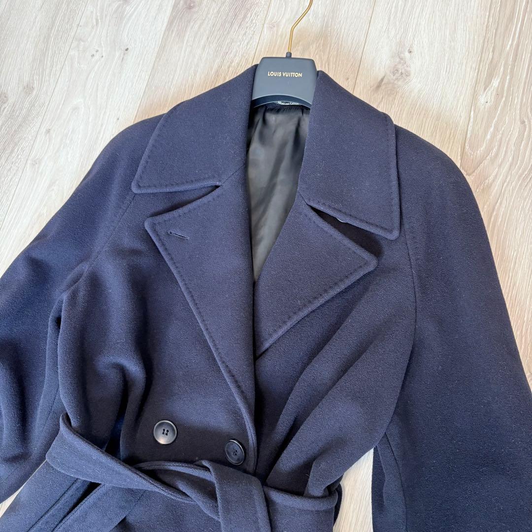 【美品】カシミヤ混　ダブルブレスト　ロングコート　 女優襟　ベルト　ネイビー　L