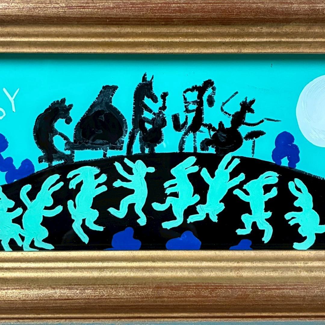 柚木沙弥郎「つきよのおんがくかい」ガラス絵 肉筆 直筆サイン入 共シール 民藝