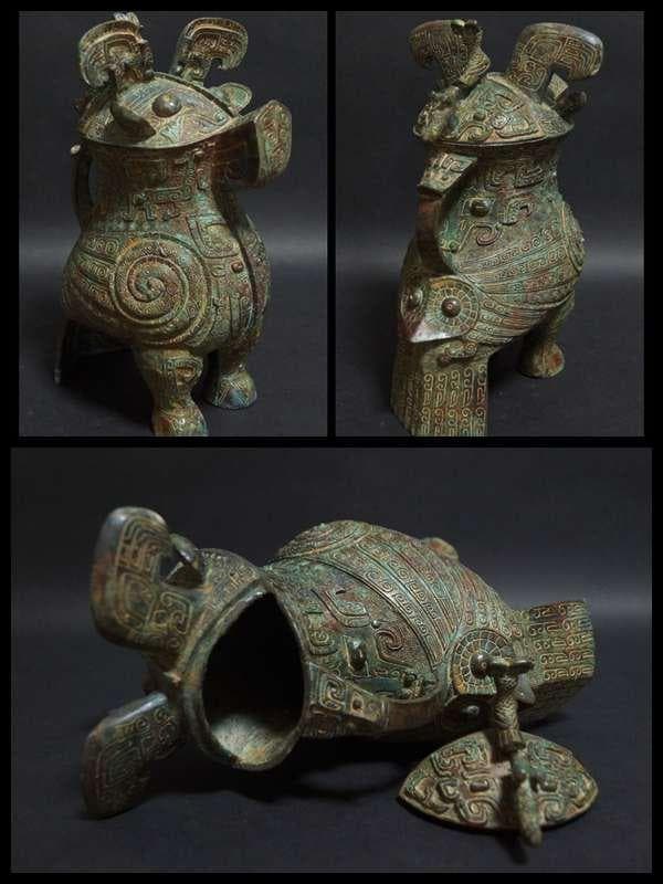 大型青銅製 金工細工 商代『婦好尊鴞』梟形の酒つぼ/オブジェ 茶道具 古美術