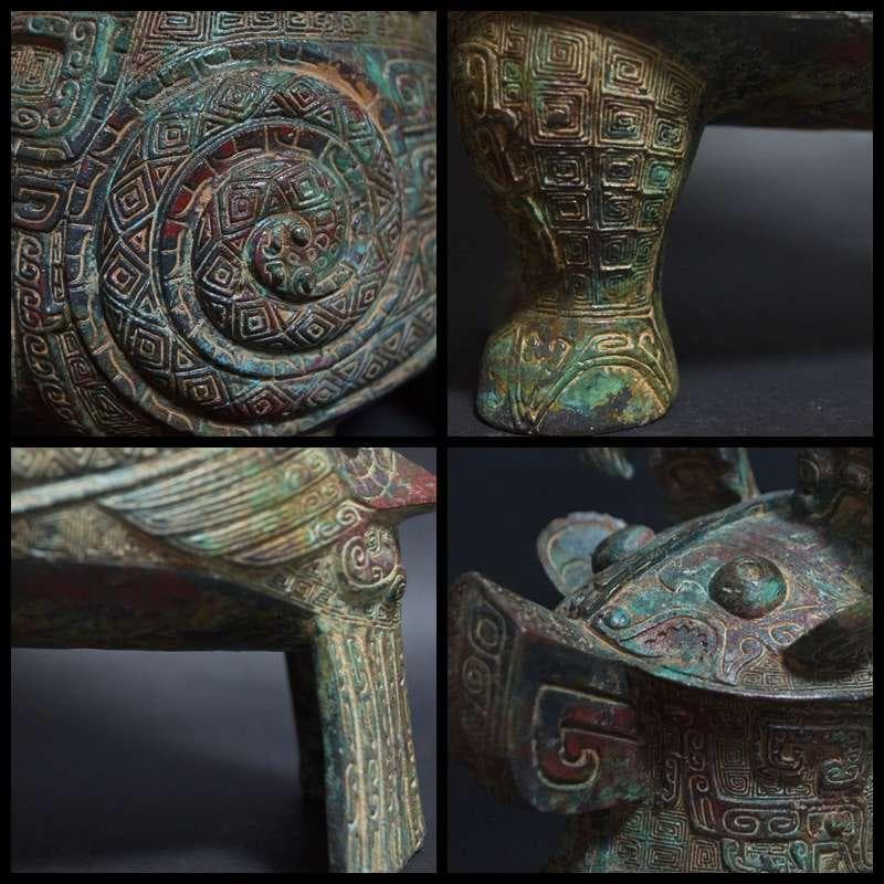 大型青銅製 金工細工 商代『婦好尊鴞』梟形の酒つぼ/オブジェ 茶道具 古美術