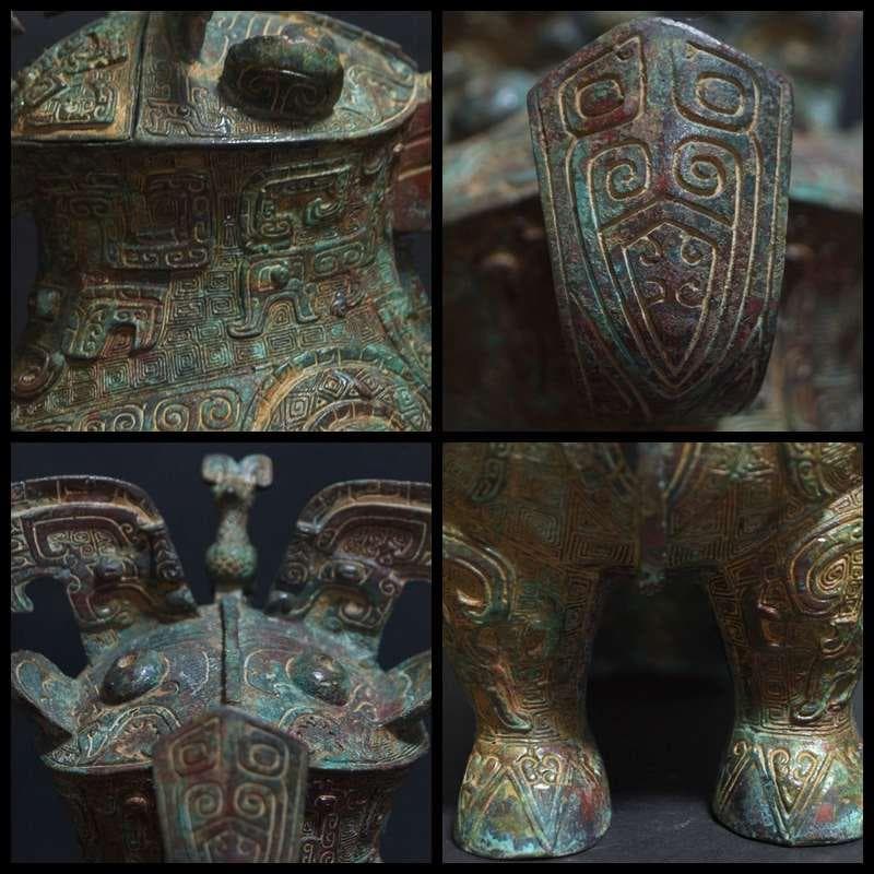 大型青銅製 金工細工 商代『婦好尊鴞』梟形の酒つぼ/オブジェ 茶道具 古美術