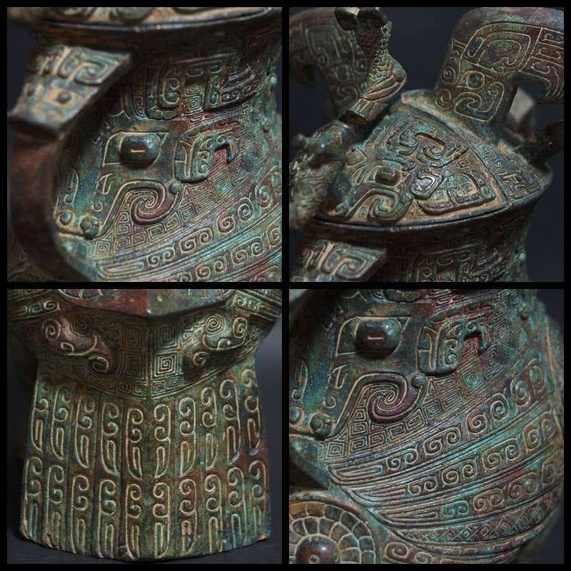 大型青銅製 金工細工 商代『婦好尊鴞』梟形の酒つぼ/オブジェ 茶道具 古美術