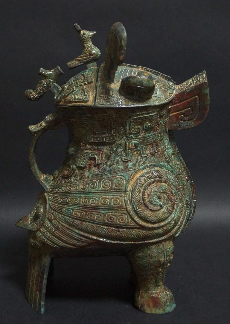 大型青銅製 金工細工 商代『婦好尊鴞』梟形の酒つぼ/オブジェ 茶道具 古美術