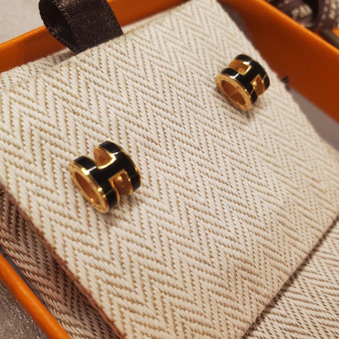 【HERMES】 ミニポップH ピアス ノワール×ピンクゴールド 正規品