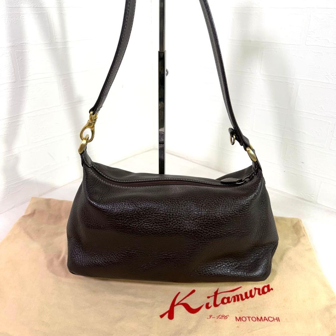 美品　キタムラ　 ショルダーバッグ　ダークブラウン レザー　保存袋　ポーチ