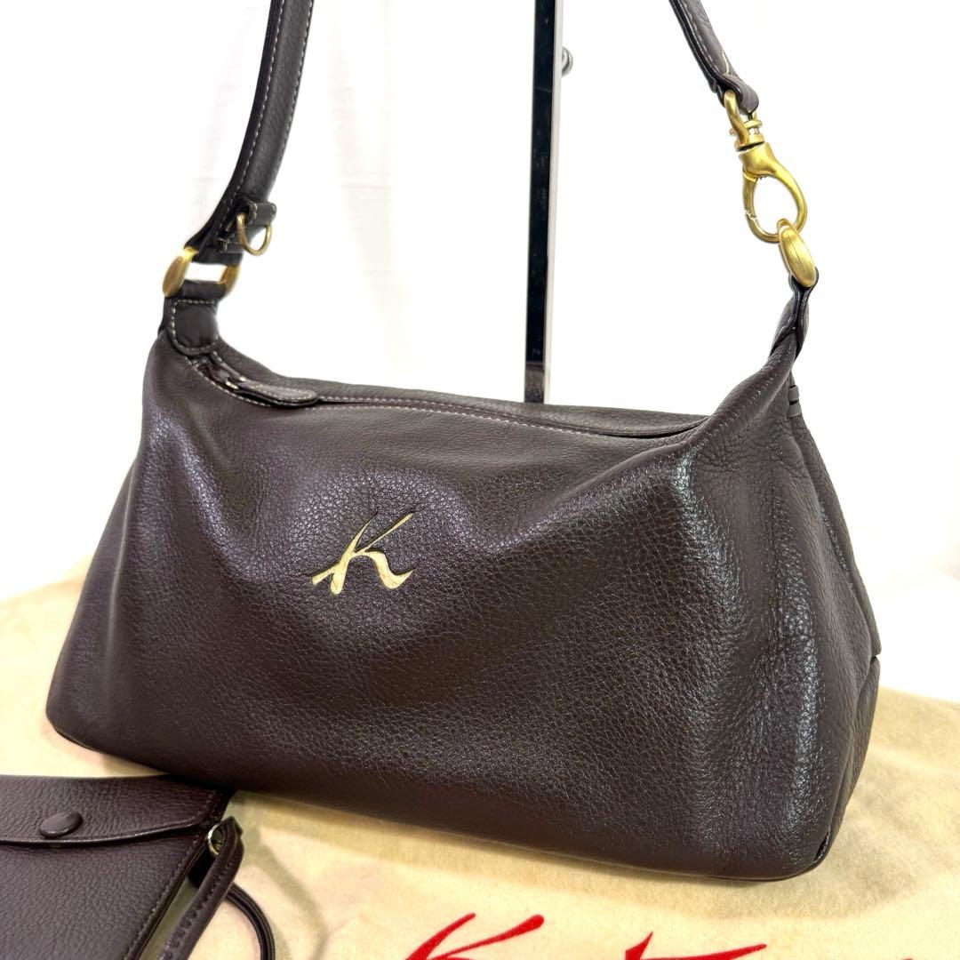 美品　キタムラ　 ショルダーバッグ　ダークブラウン レザー　保存袋　ポーチ