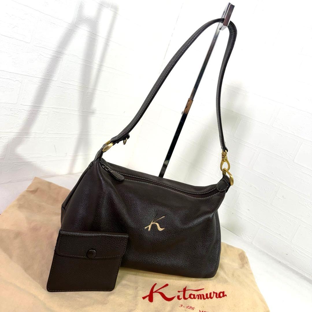 美品　キタムラ　 ショルダーバッグ　ダークブラウン レザー　保存袋　ポーチ
