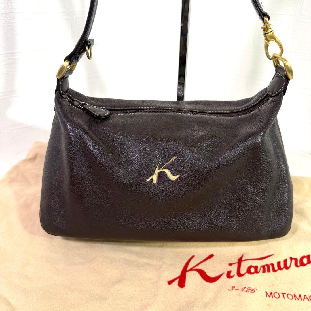 美品　キタムラ　 ショルダーバッグ　ダークブラウン レザー　保存袋　ポーチ